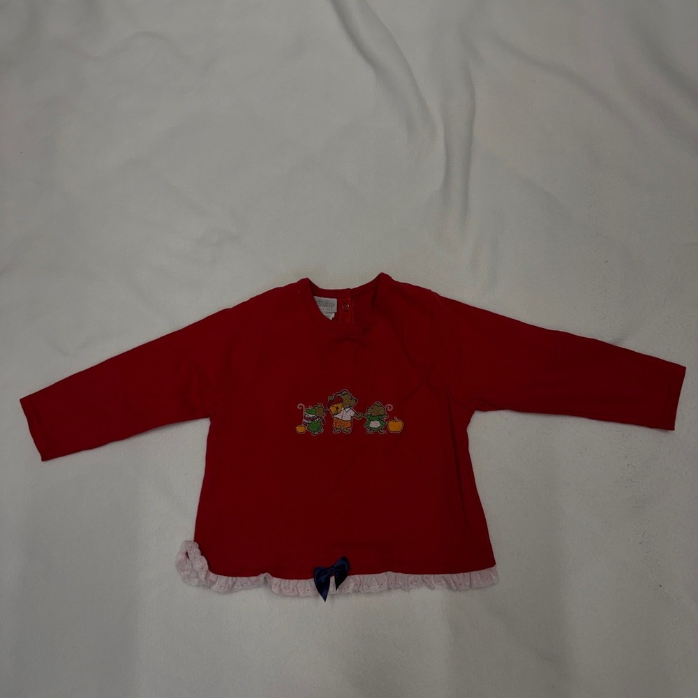 Carters 2-Piece Outfit Girls 18-24M Red Navy Bear Embroidery Fall Vintage Ruffle - Picture 2 of 13
